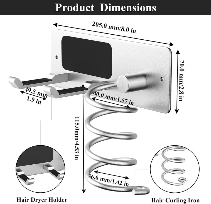 Tindbea Hair Dryer Holder + Curling Iron Holder,Blow Dryer Holder Wall Mount, Bathroom Hair Tool Organizer Rack for Universal Dryer Silver Color - Image 3